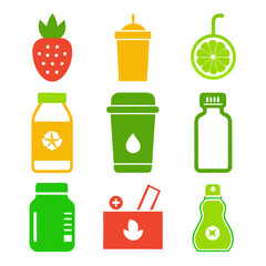 Flat design vector icon set of fruit, drink, medicine