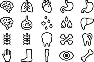 Medical organs line icon set. Vector pictograms of anatomy, body parts, kidney, bladder, pancreas, intestine, thyroid, pelvis, skeleton, joint, hand, nose, mouth, tongue, thin linear icon illustration