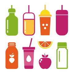 Collection of colorful fruit juice bottles and cups