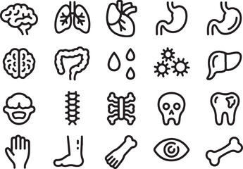 Medical organs line icon set. Vector pictograms of anatomy, body parts, kidney, bladder, pancreas, intestine, thyroid, pelvis, skeleton, joint, hand, nose, mouth, tongue, thin linear icon illustration