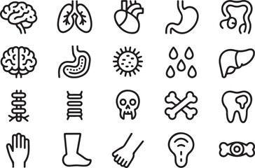 Medical organs line icon set. Vector pictograms of anatomy, body parts, kidney, bladder, pancreas, intestine, thyroid, pelvis, skeleton, joint, hand, nose, mouth, tongue, thin linear icon illustration