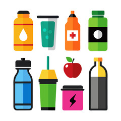 Healthy drinks and food vector icons on white backdrop