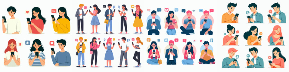 Vector Set People using smartphones communication and social media