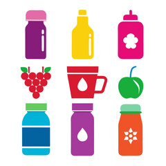 Colorful flat icons illustrating healthy food and drink choices