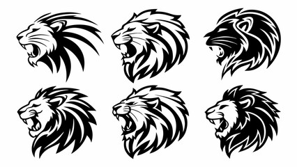 Obraz premium Six Stylized Lion Head Designs: Roaring and Profile Views