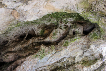 Unique rock formations and textures found in a natural cave in a serene outdoor location during daytime