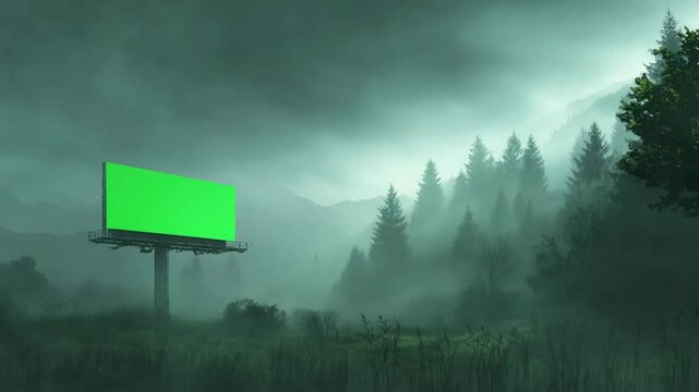 front view green screen billboard on the forest with mist and fog, landscape view, horror scenery, animation looping video background