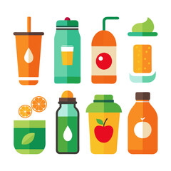 Diverse fruit juice containers in flat vector graphic design