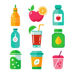 Vibrant flat vector illustration of healthy beverages and fruits