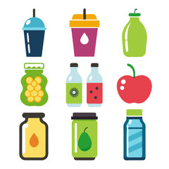 Various containers and fruits in colorful flat style