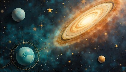 Bronze and onyx cosmic background with sacred geometry, celestial motifs, supernova colors, and cosmic dust, created with generative ai