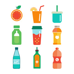 Colorful flat design illustrations of various beverages and drinks