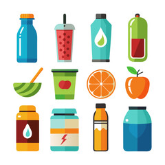 Flat design vector illustration of healthy food and drinks