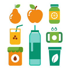 Flat illustration of fruits, drinks and food products