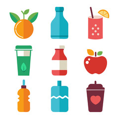 Flat design food and drink icons on white background