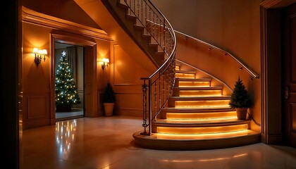 Illuminated spiral staircase with modern design and metallic railing,  created with generative ai