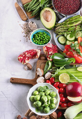 Vegetables, fruit, cereals, beans,  superfoods for vegan, vegetarian diet