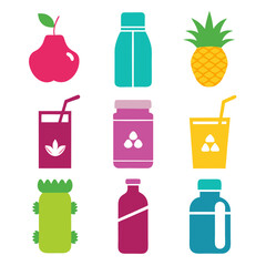 Vibrant flat vector illustrations of beverages and fruit items