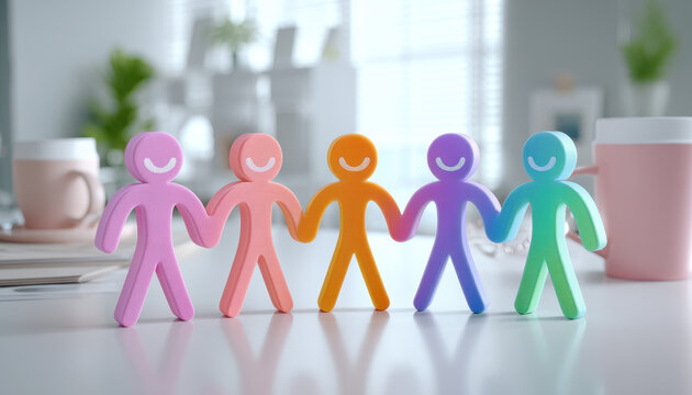 Inclusive workplace culture is represented by colorful smiling figures holding hands in bright office setting promoting unity and teamwork