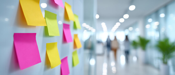 Inclusive workplace culture is enhanced by colorful sticky notes glass wall with blurred office people creating vibrant and collaborative