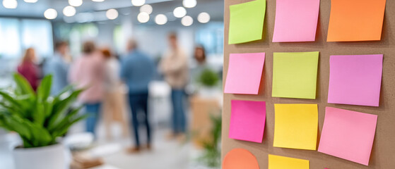 Inclusive workplace culture is shown with colorful sticky notes on board and blurred people collaborating in bright modern office space