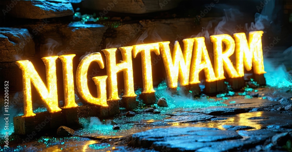 Aufkleber glowing text spells nightwarm over wet stone surface. blue mist surrounds bright letters, creating d