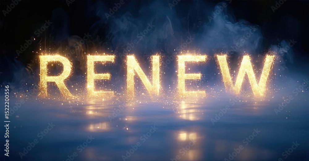 Poster golden renew text glows above reflective surface. dark blue smoke creates dramatic atmosphere. brigh
