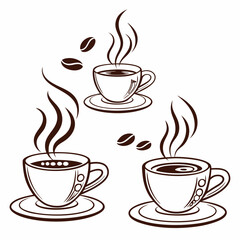 Obraz premium Three steaming cups of coffee with coffee beans