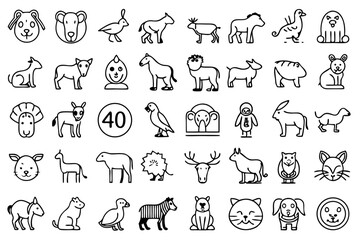 High quality line icons depicting a variety of animals including wild animals domestic pets and birds