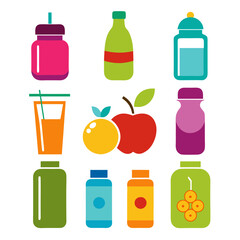 Colorful icon set of refreshing drinks and healthy fruits