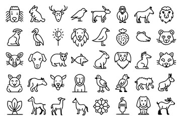A collection of line icons depicting various animals wild domestic birds and pets