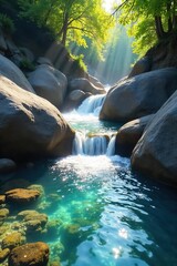 Naklejka premium Crystal-clear water cascading over smooth rocks, sunlight illuminating its purity A tranquil scene of natural beauty, perfect for relaxation and wellness themes , vibrant, natural, mountain