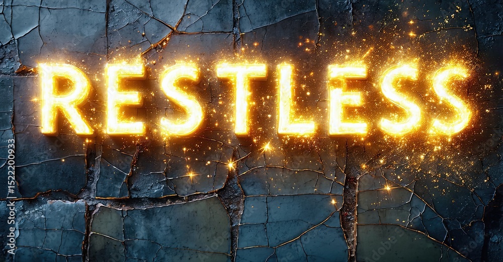 Poster glowing text spells restless over cracked stone surface. dramatic lighting creates intense visual im