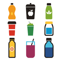 Assorted vibrant beverage containers arranged symmetrically on white backdrop