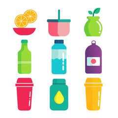 Colorful flat vector icons of healthy food and drinks