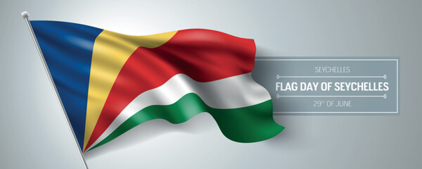 Seychelles happy flag day greeting card, banner vector illustration