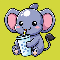 Cute Elephant Drinking Boba Milk Tea – Flat Cartoon Vector Icon Illustration of Animal and Drink Concept Isolated
