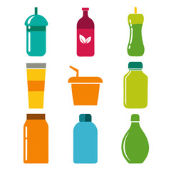 Colorful beverage containers with lids and bottles on white