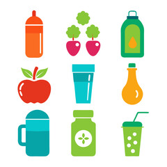 Fresh drink and food icon set in flat style