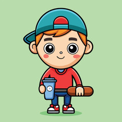 Cute Boy Holding Coffee and Skateboard – Flat Cartoon Vector Icon Illustration of People and Sport Concept Isolated
