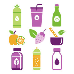 Colorful illustration of assorted healthy beverage containers and fruits
