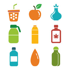 Colorful icon set of drinks and containers on white