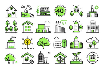 Single line icon depicting green building and sustainable concepts