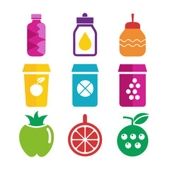 Colorful flat vector icons of juice, fruits, and beverage
