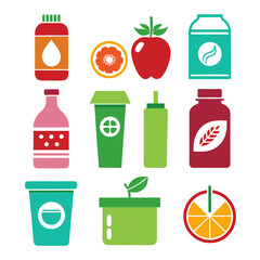 Colorful Flat Icons of Fruit and Drink Containers