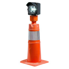Fototapeta premium Bright LED warning light mounted orange traffic cone, designed for safety and visibility construction or roadwork areas. This device enhances awareness and alerts drivers to potential hazards