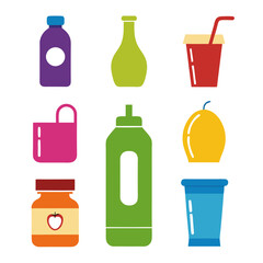 Colorful Vector Icons of Bottles Cups and Containers