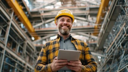 Construction Architect with Digital Tablet: A skilled construction architect stands confidently at a construction site, holding a digital tablet and wearing a yellow hard hat. The architect smiles. - Powered by Adobe