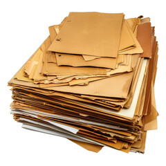 Old, disorganized stack of paper documents, featuring various shades of brown and cream, representing clutter and need for organization. This pile evokes sense of nostalgia and importance