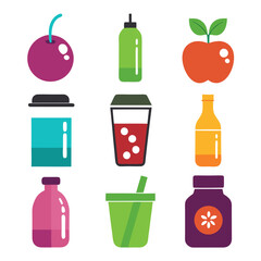 Colorful Flat Illustration of Fruits and Drinks on White